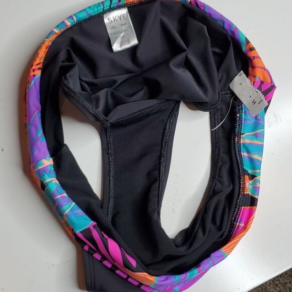 M NEW SKYE BLACK PURPLE TROPICAL PALM HIGH RISE SWIMSUIT SWIM BOTTOMS MEDIUM - Picture 5 of 5